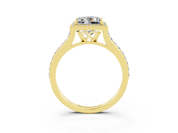 Yellow gold Princess Cut Moissanite Halo Engagement Ring with Round Pavé Shoulders and Prong Setting