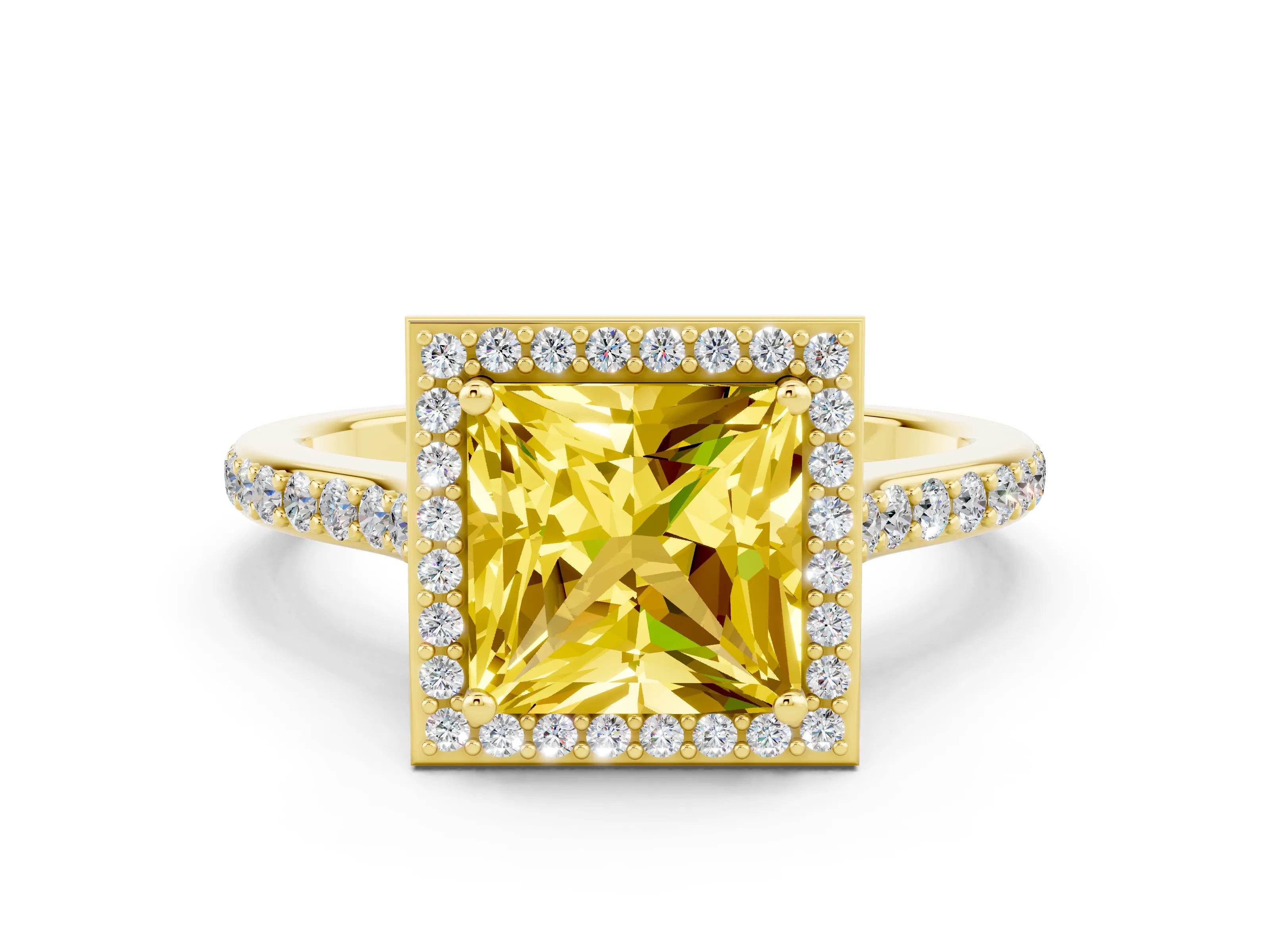 Yellow gold Princess Cut Halo Round Diamond Pavé Band with Four-Prong Setting