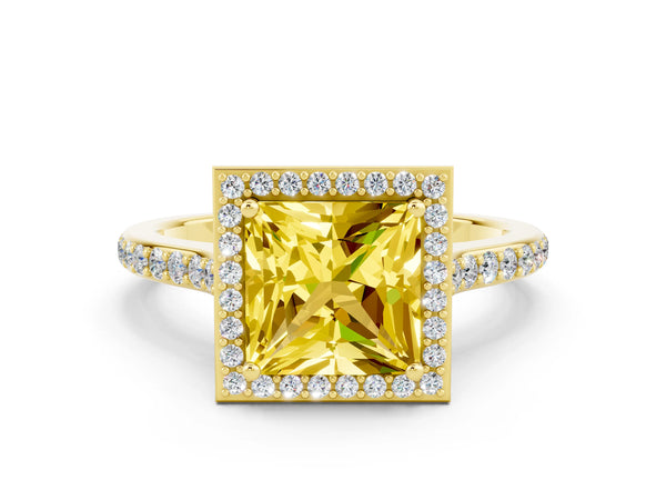 Yellow gold Princess Cut Yellow Sapphire Halo Engagement Ring with Round Pavé Shoulders and Prong Setting