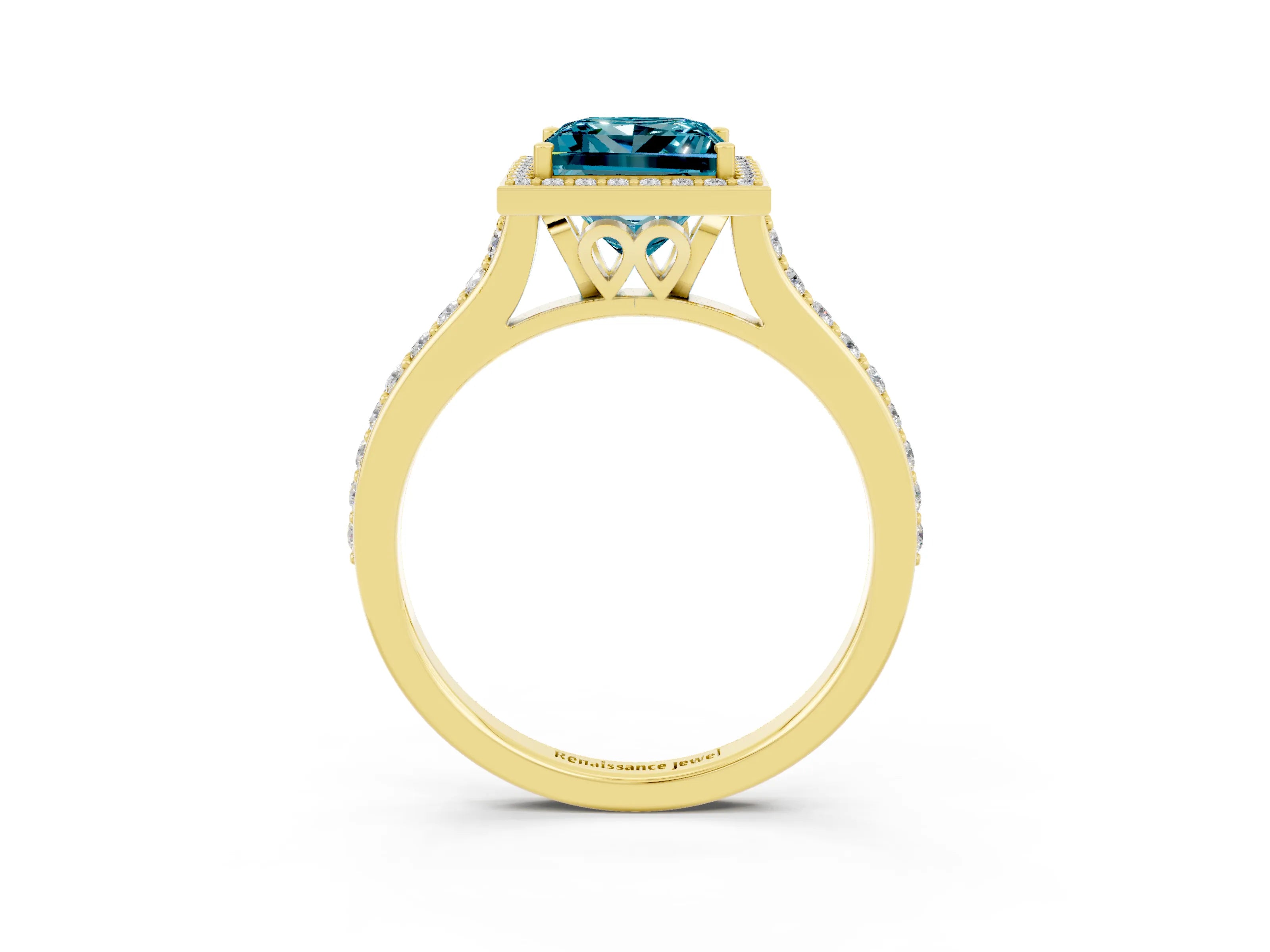 Yellow gold Princess Cut Halo Round Diamond Pavé Band with Four-Prong Setting_3