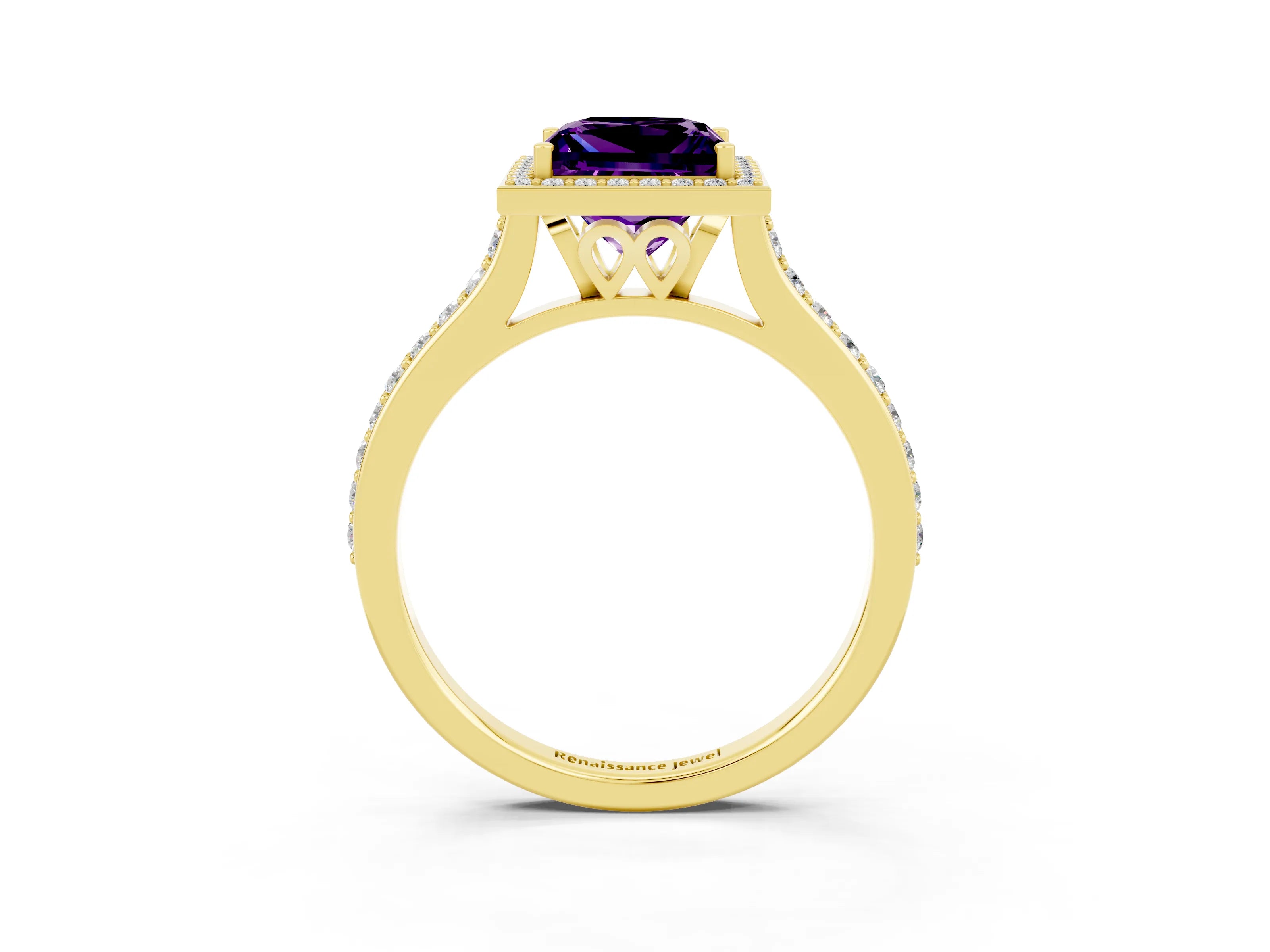 Yellow gold Princess Cut Halo Round Diamond Pavé Band with Four-Prong Setting_3