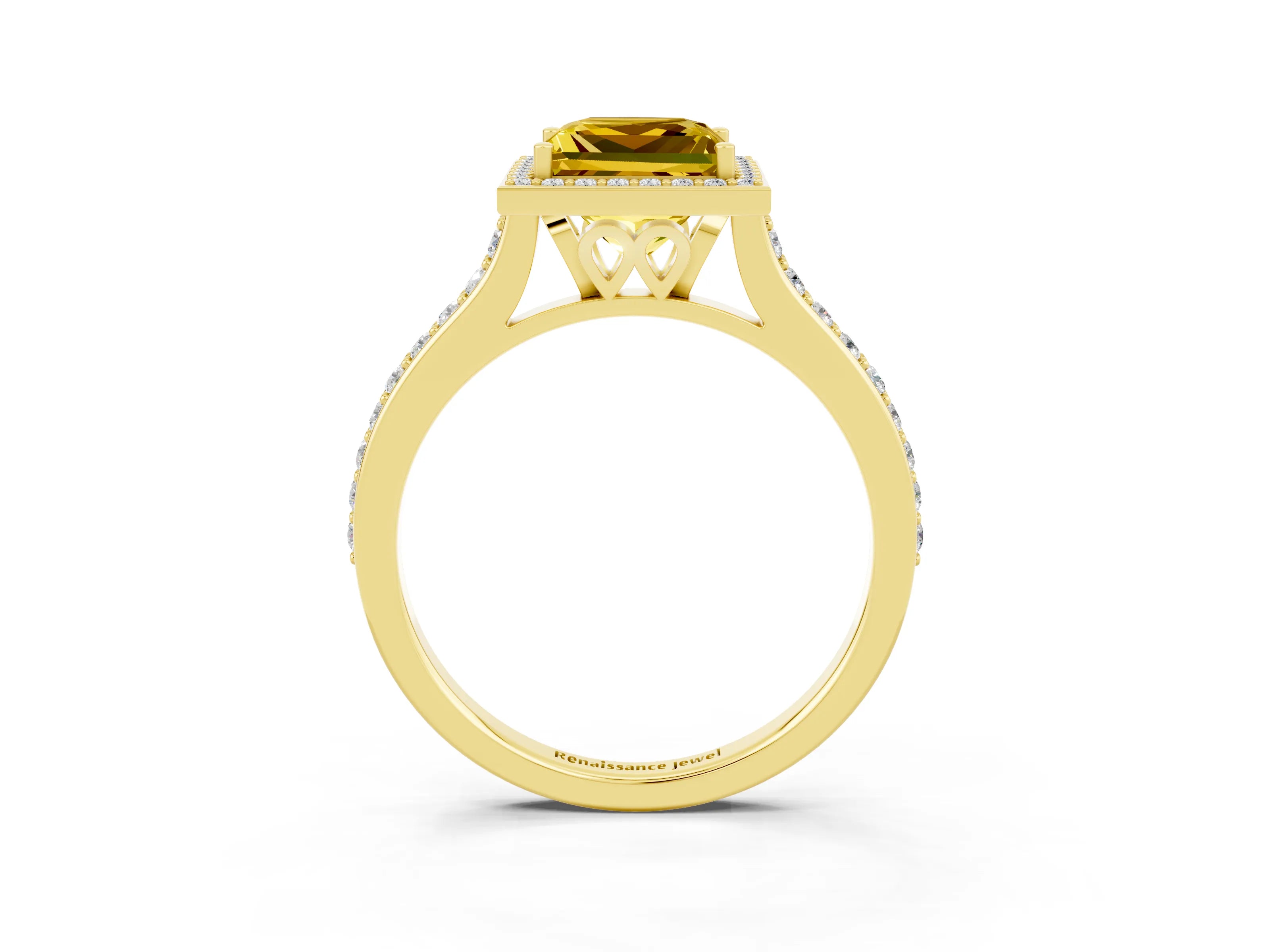 Yellow gold Princess Cut Halo Round Diamond Pavé Band with Four-Prong Setting_3