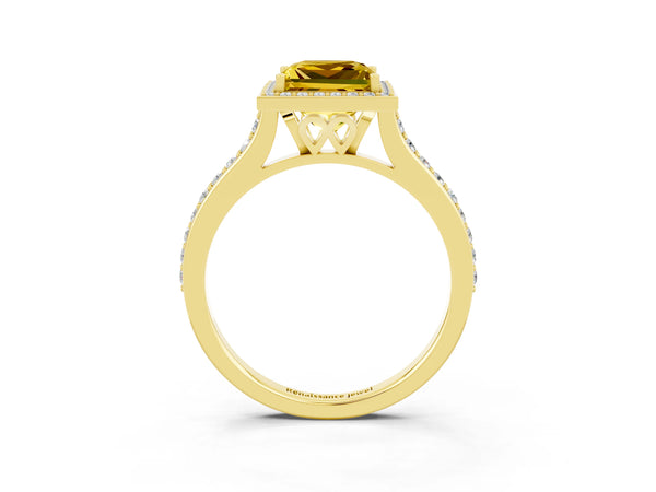 Yellow gold Princess Cut Yellow Sapphire Halo Engagement Ring with Round Pavé Shoulders and Prong Setting