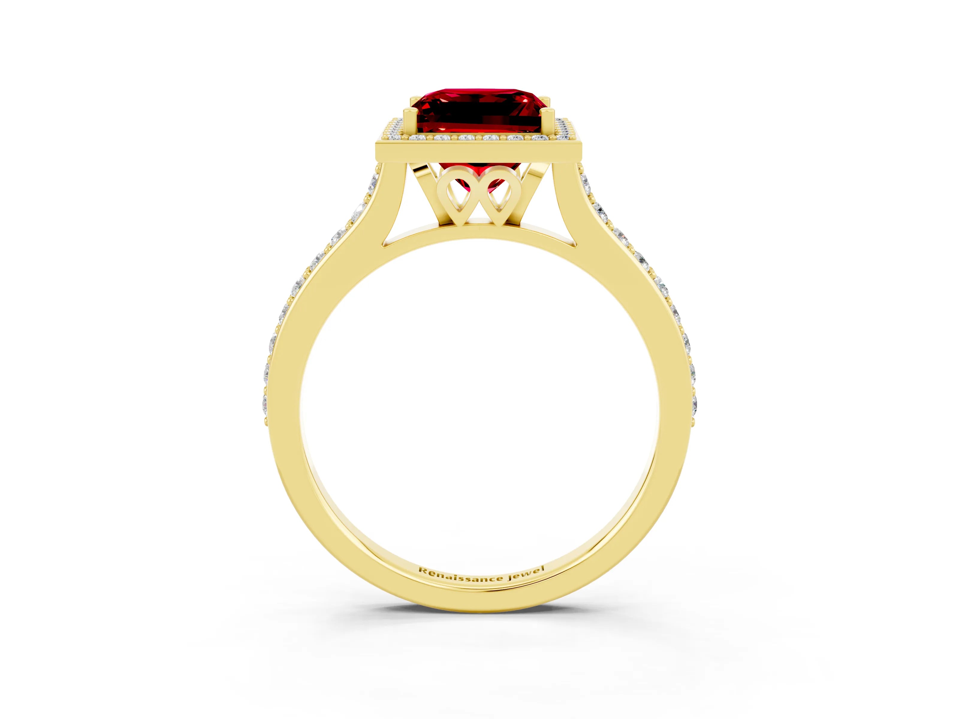 Yellow gold Princess Cut Halo Round Diamond Pavé Band with Four-Prong Setting_3