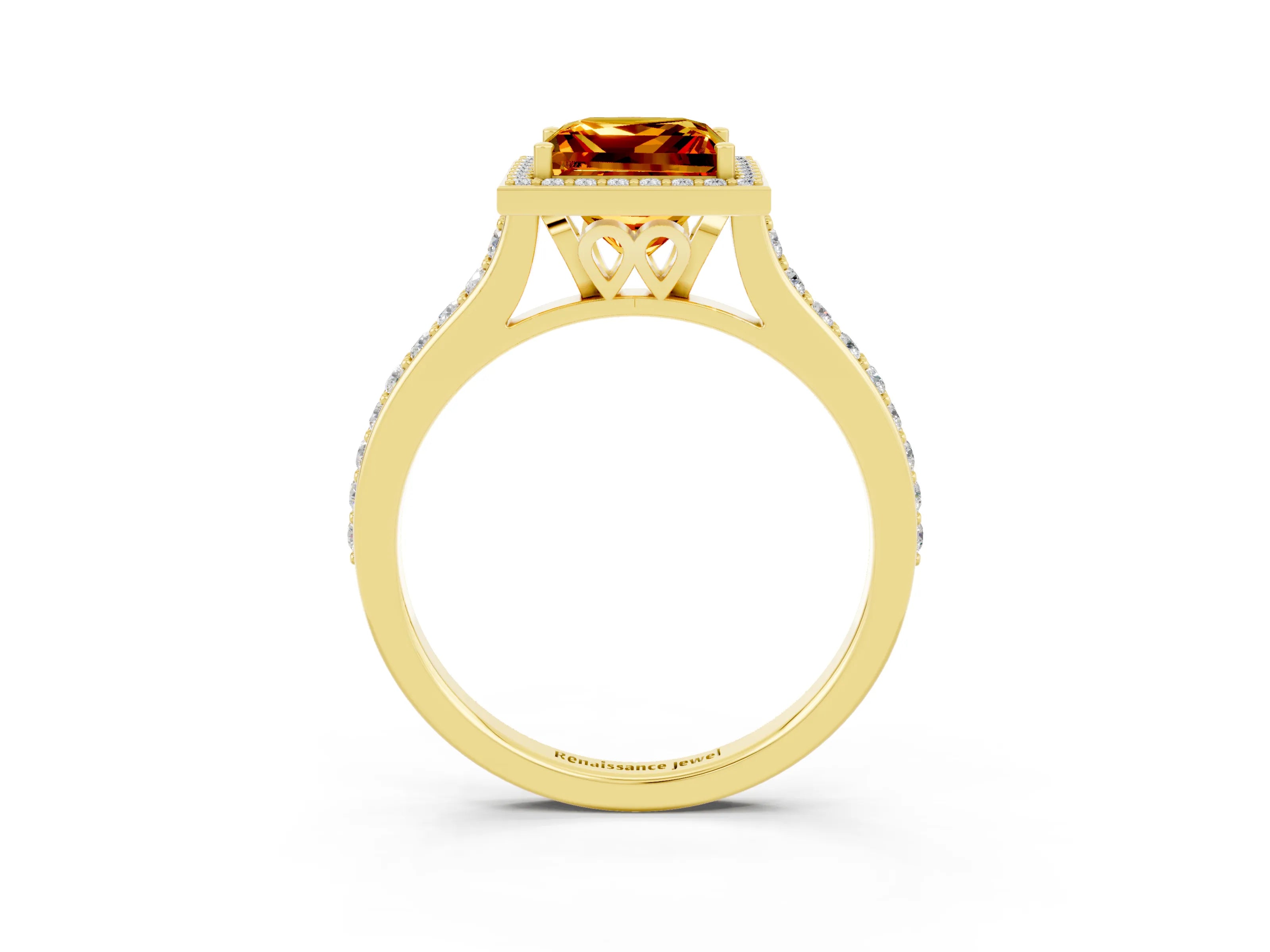 Yellow gold Princess Cut Halo Round Diamond Pavé Band with Four-Prong Setting_3