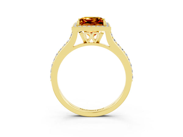 Yellow gold Princess Cut Citrine Halo Engagement Ring with Round Pavé Shoulders and Prong Setting