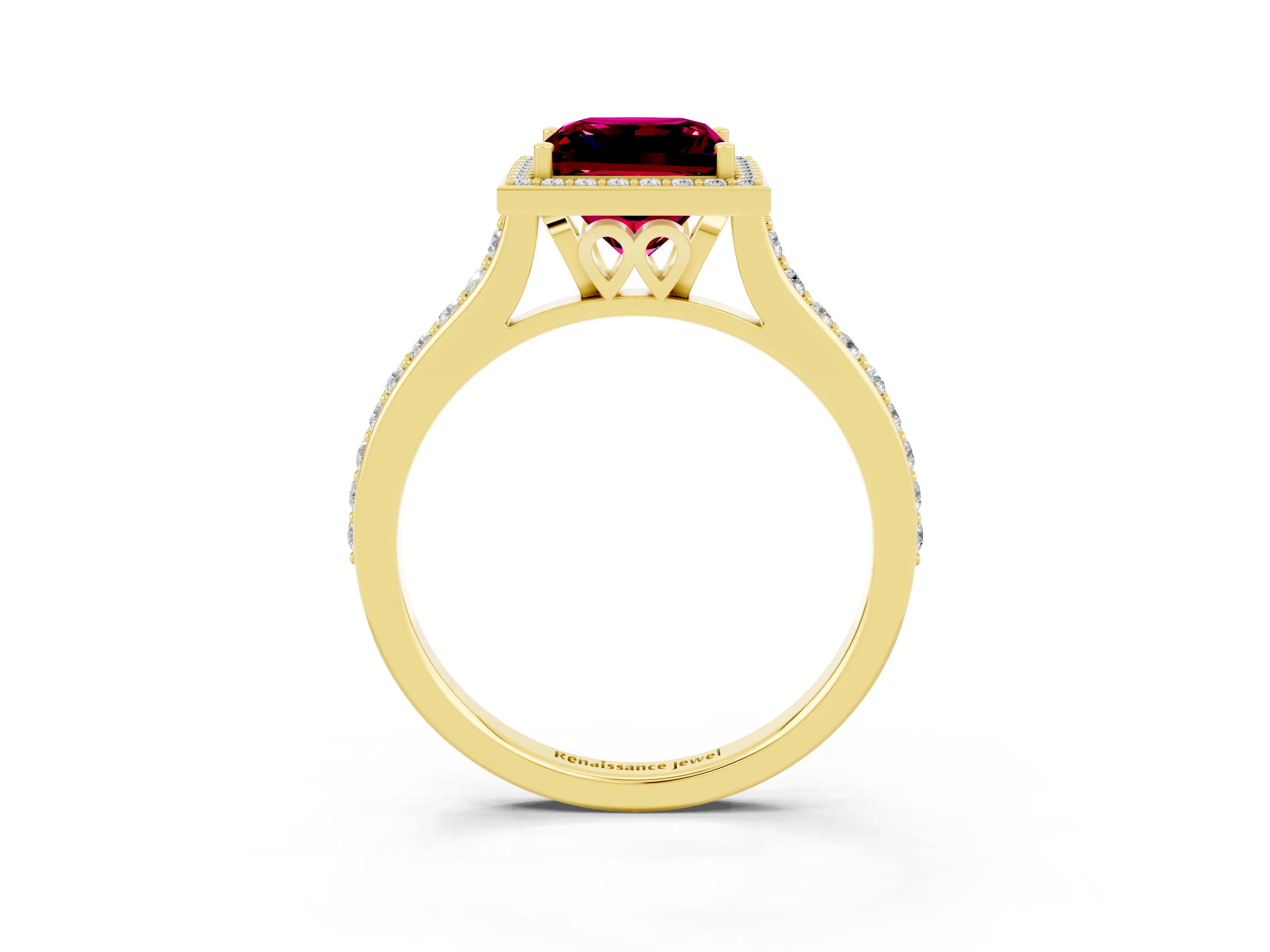Yellow gold Princess Cut Halo Round Diamond Pavé Band with Four-Prong Setting_3