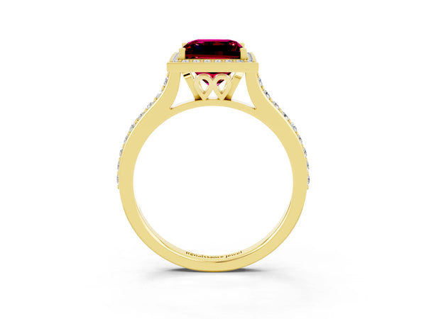 Yellow gold Princess Cut Garnet Halo Engagement Ring with Round Pavé Shoulders and Prong Setting