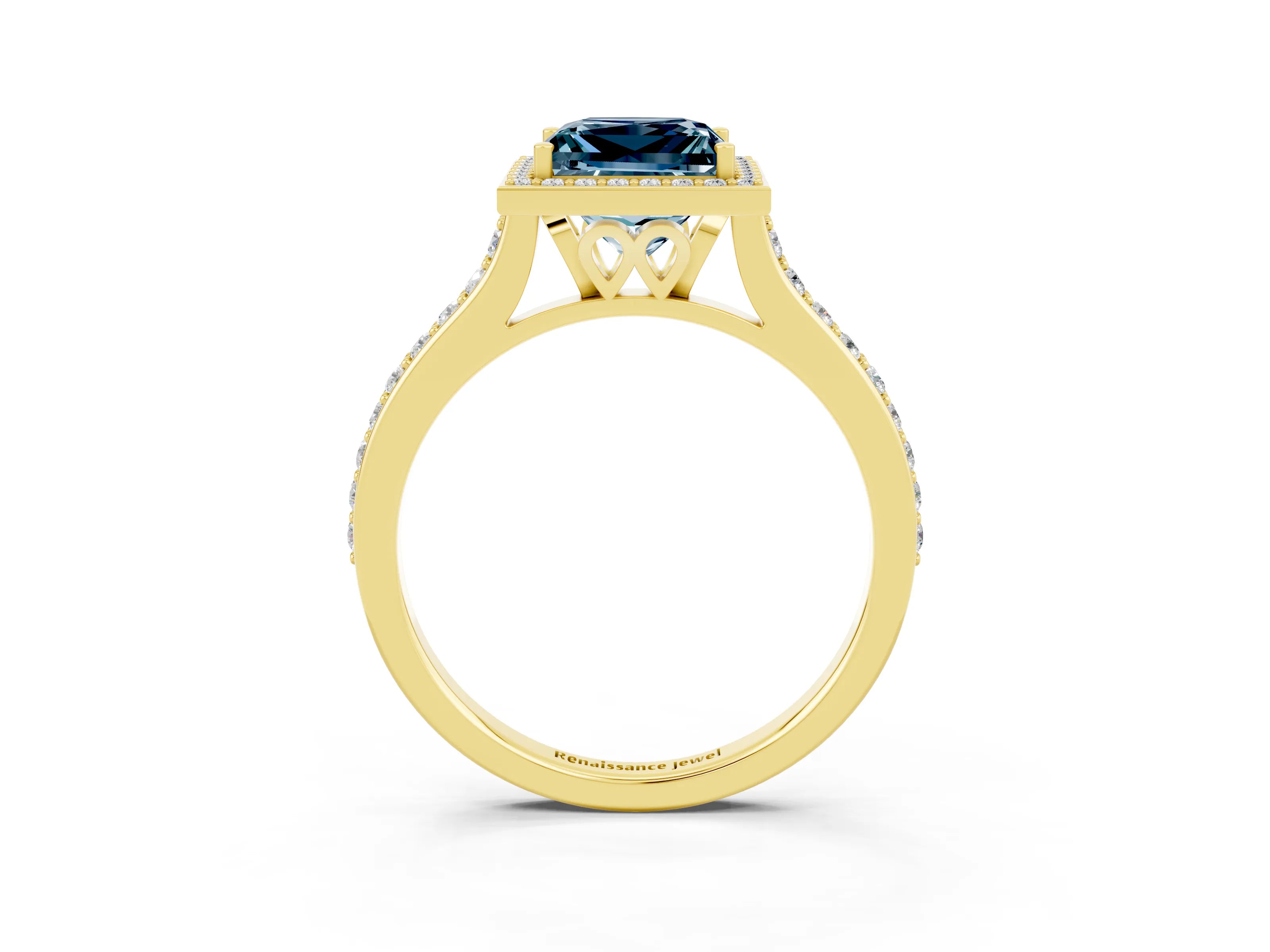 Yellow gold Princess Cut Halo Round Diamond Pavé Band with Four-Prong Setting_3