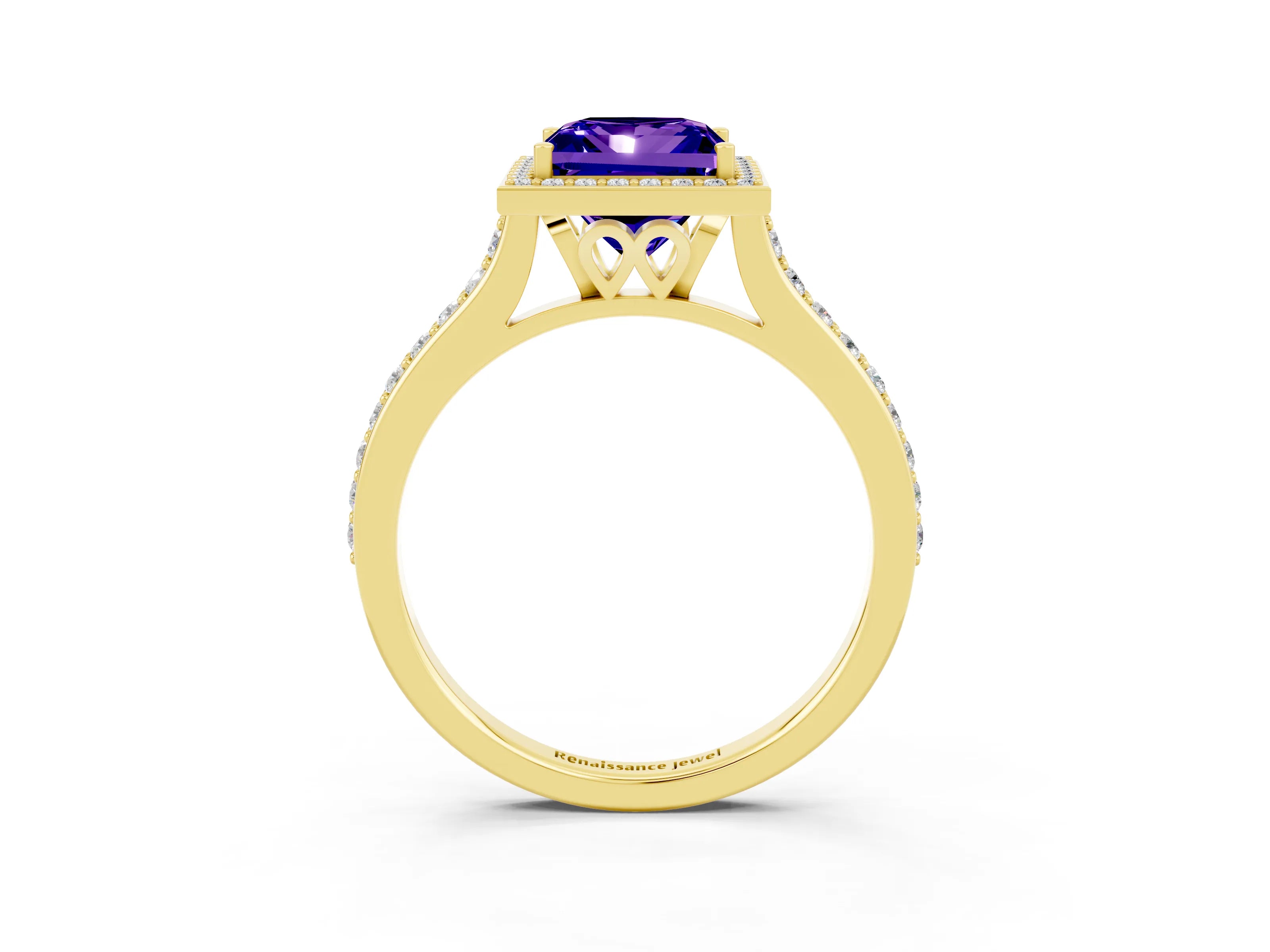 Yellow gold Princess Cut Halo Round Diamond Pavé Band with Four-Prong Setting_3