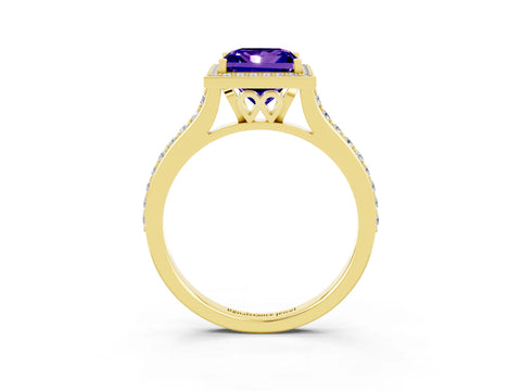 Yellow gold Princess Cut Halo Round Diamond Pavé Band with Four-Prong Setting_3
