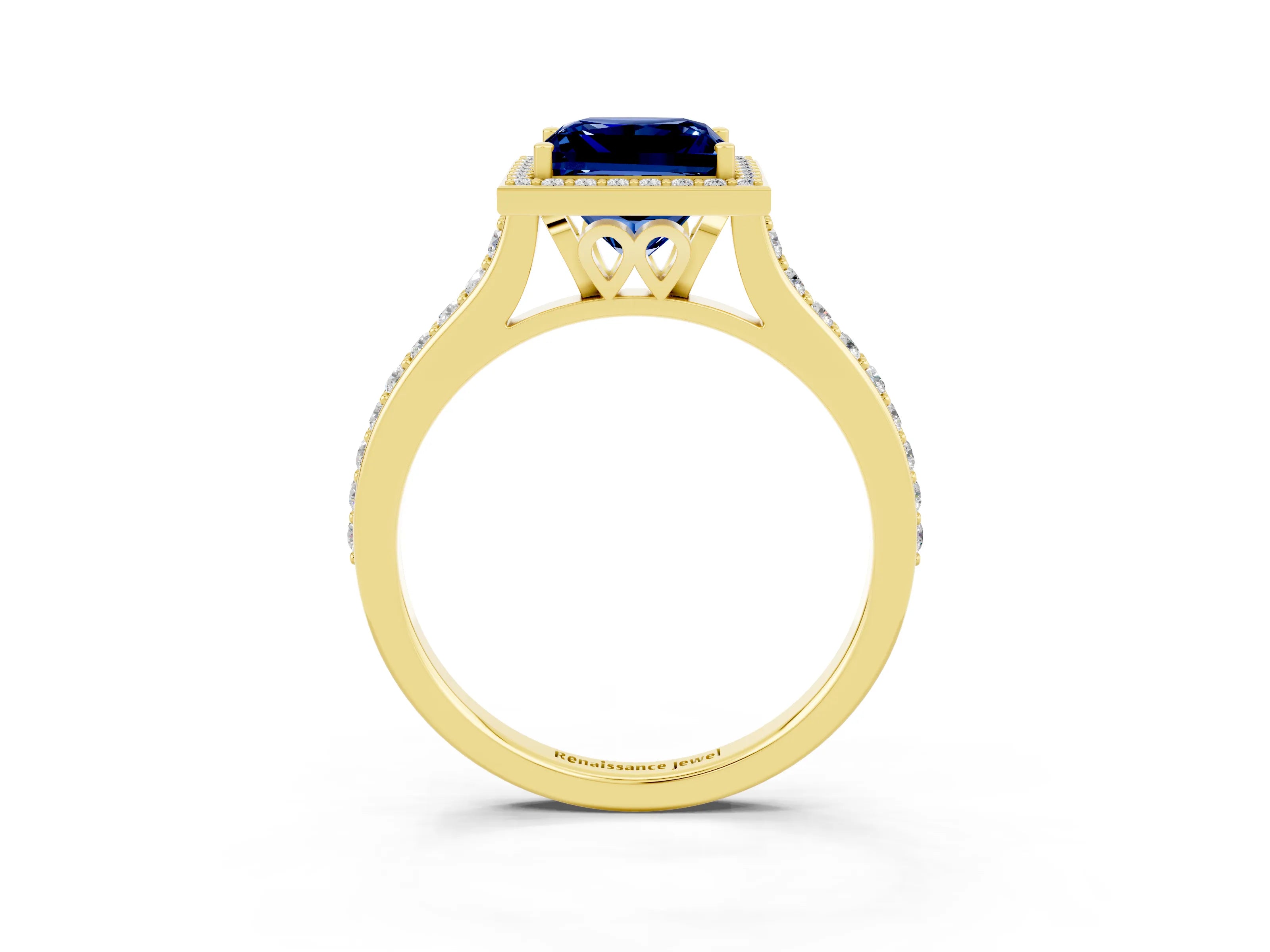 Yellow gold Princess Cut Halo Round Diamond Pavé Band with Four-Prong Setting_3