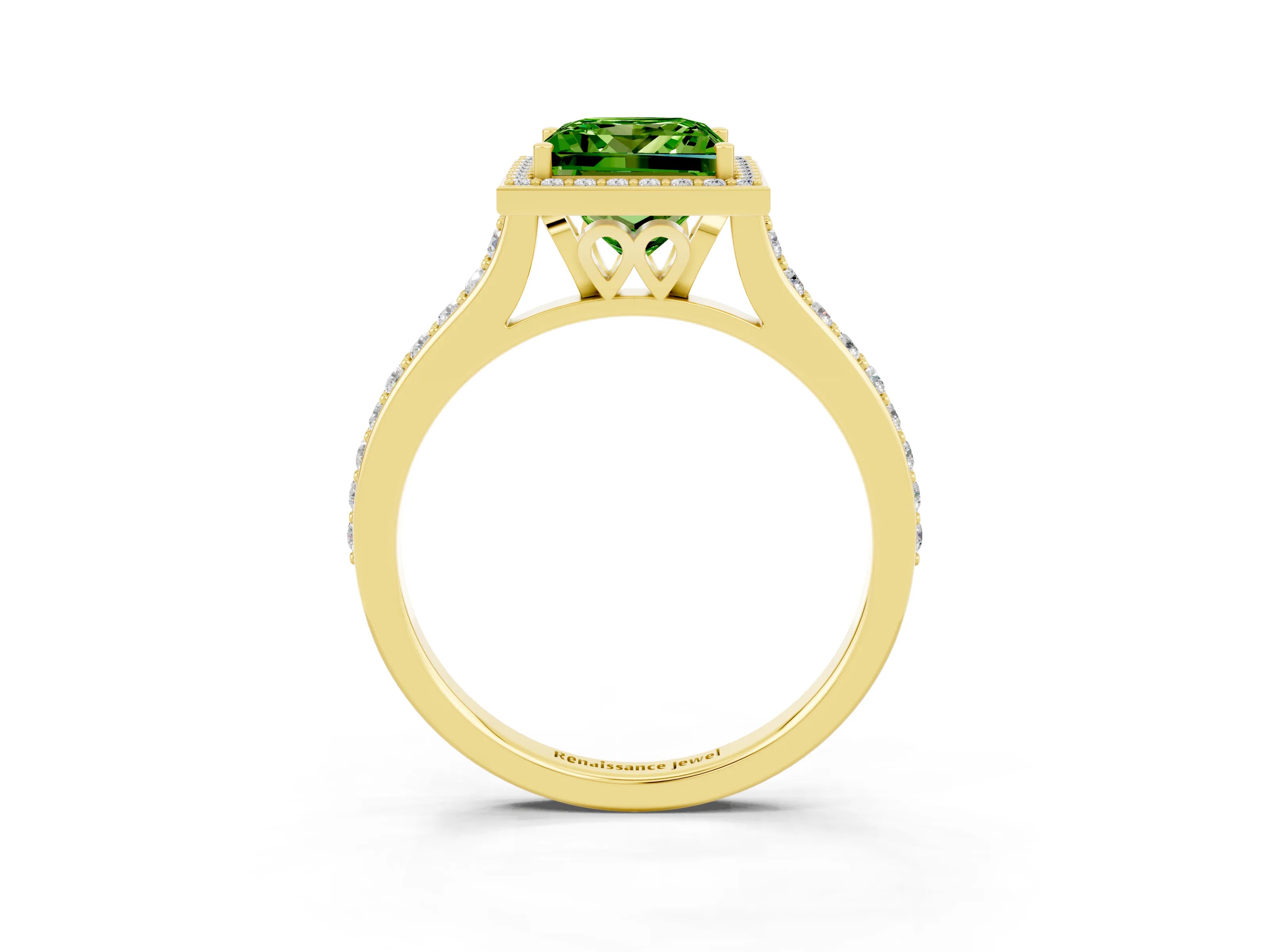 Yellow gold Princess Cut Halo Round Diamond Pavé Band with Four-Prong Setting_3