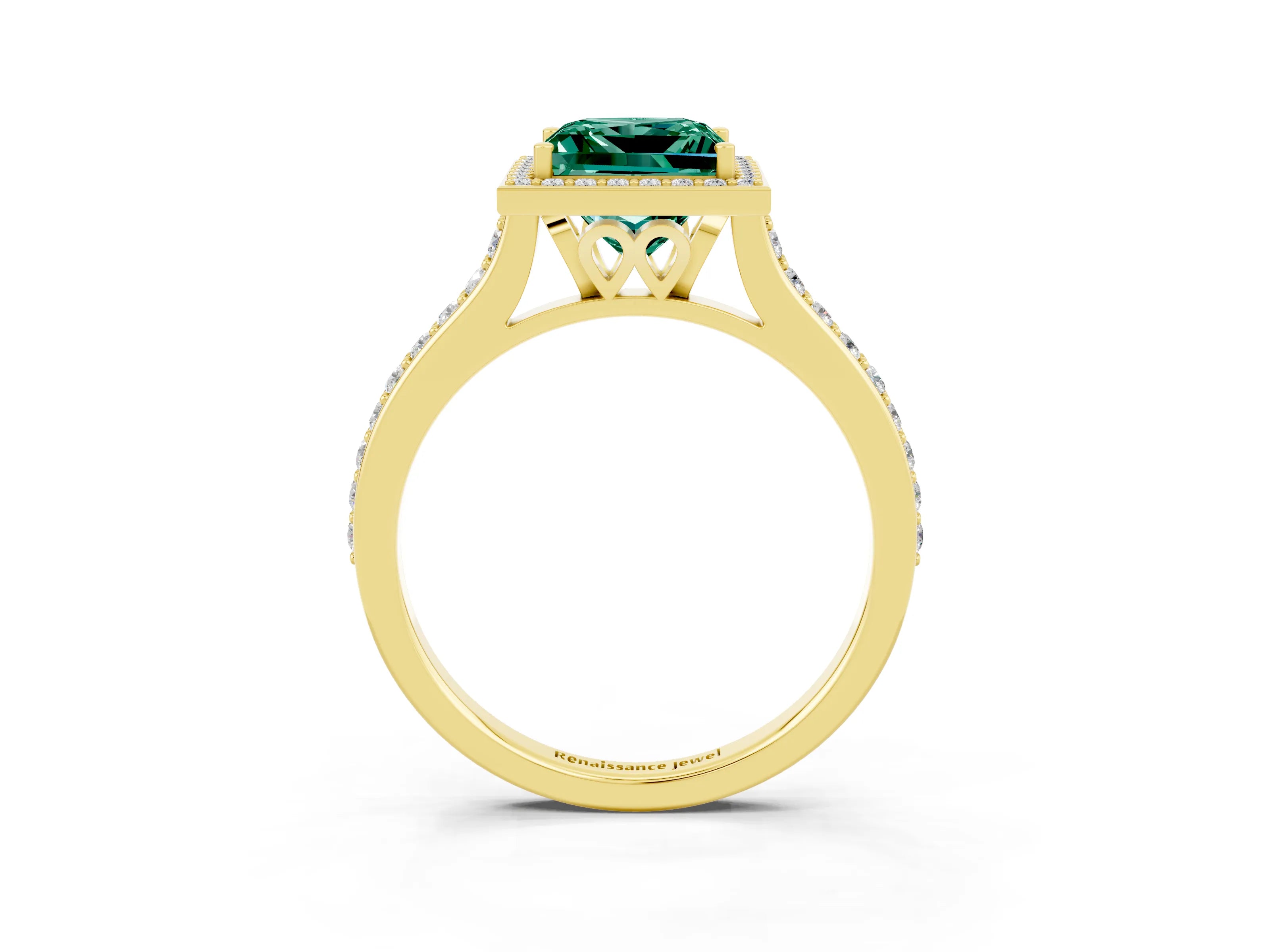 Yellow gold Princess Cut Halo Round Diamond Pavé Band with Four-Prong Setting_3