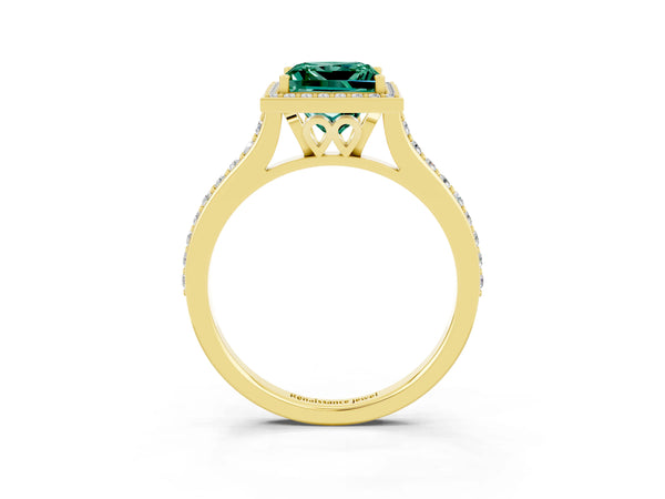 Yellow gold Princess Cut Green Sapphire Halo Engagement Ring with Round Pavé Shoulders and Prong Setting