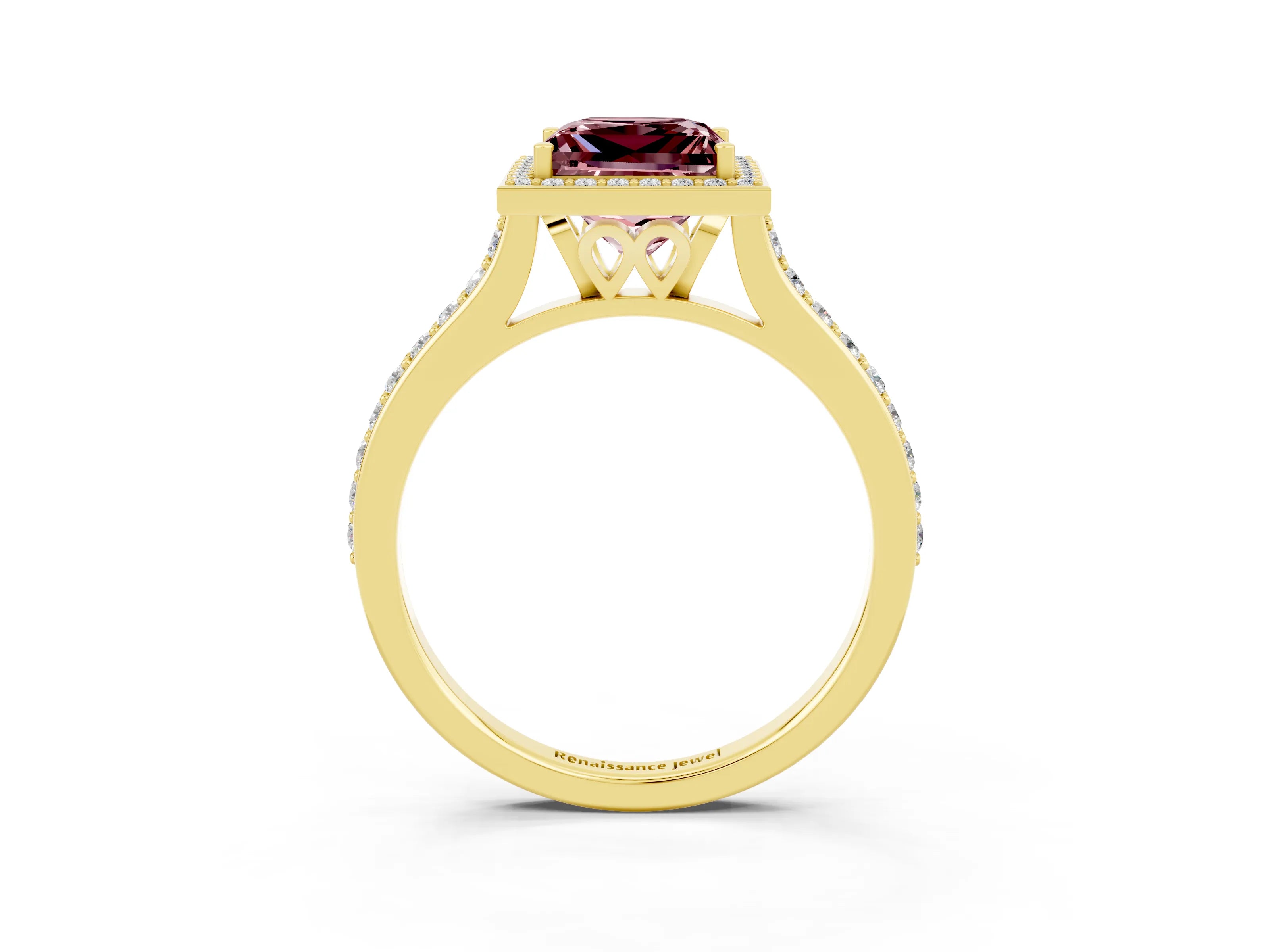 Yellow gold Princess Cut Halo Round Diamond Pavé Band with Four-Prong Setting_3