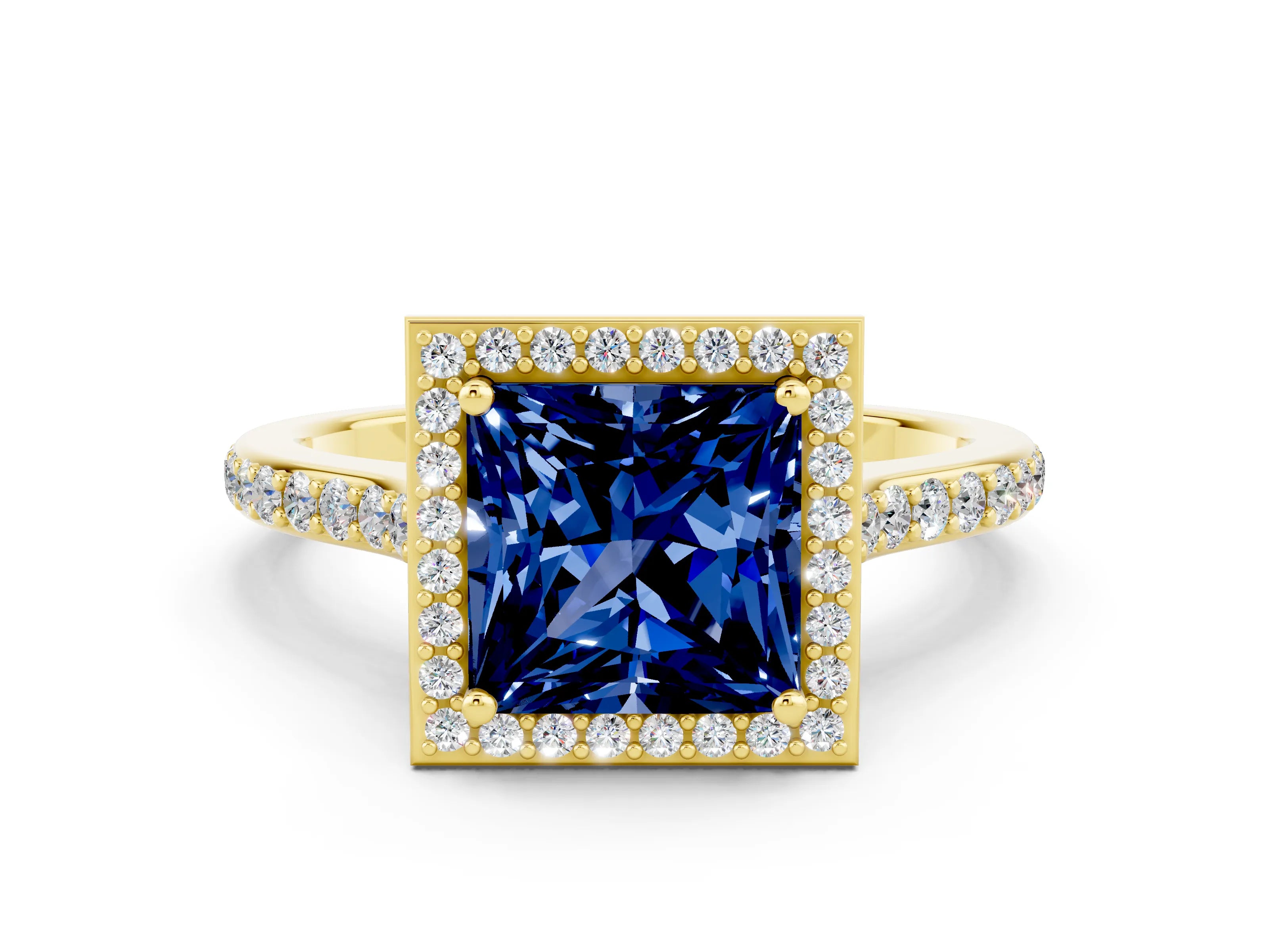 Yellow gold Princess Cut Halo Round Diamond Pavé Band with Four-Prong Setting