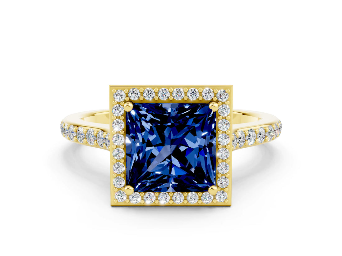 Yellow gold Princess Cut Halo Round Diamond Pavé Band with Four-Prong Setting