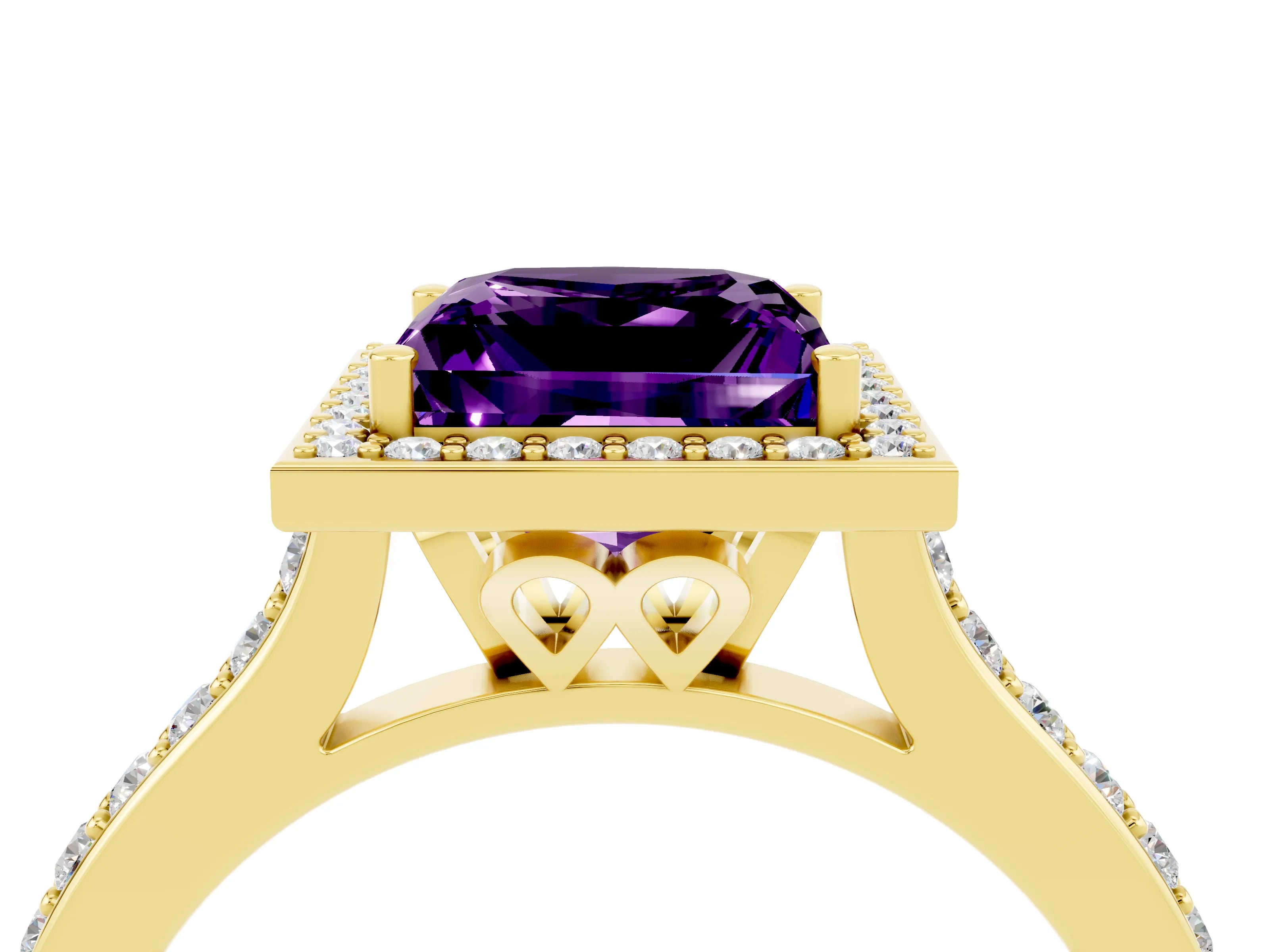 Yellow gold Princess Cut Halo Round Diamond Pavé Band with Four-Prong Setting_4