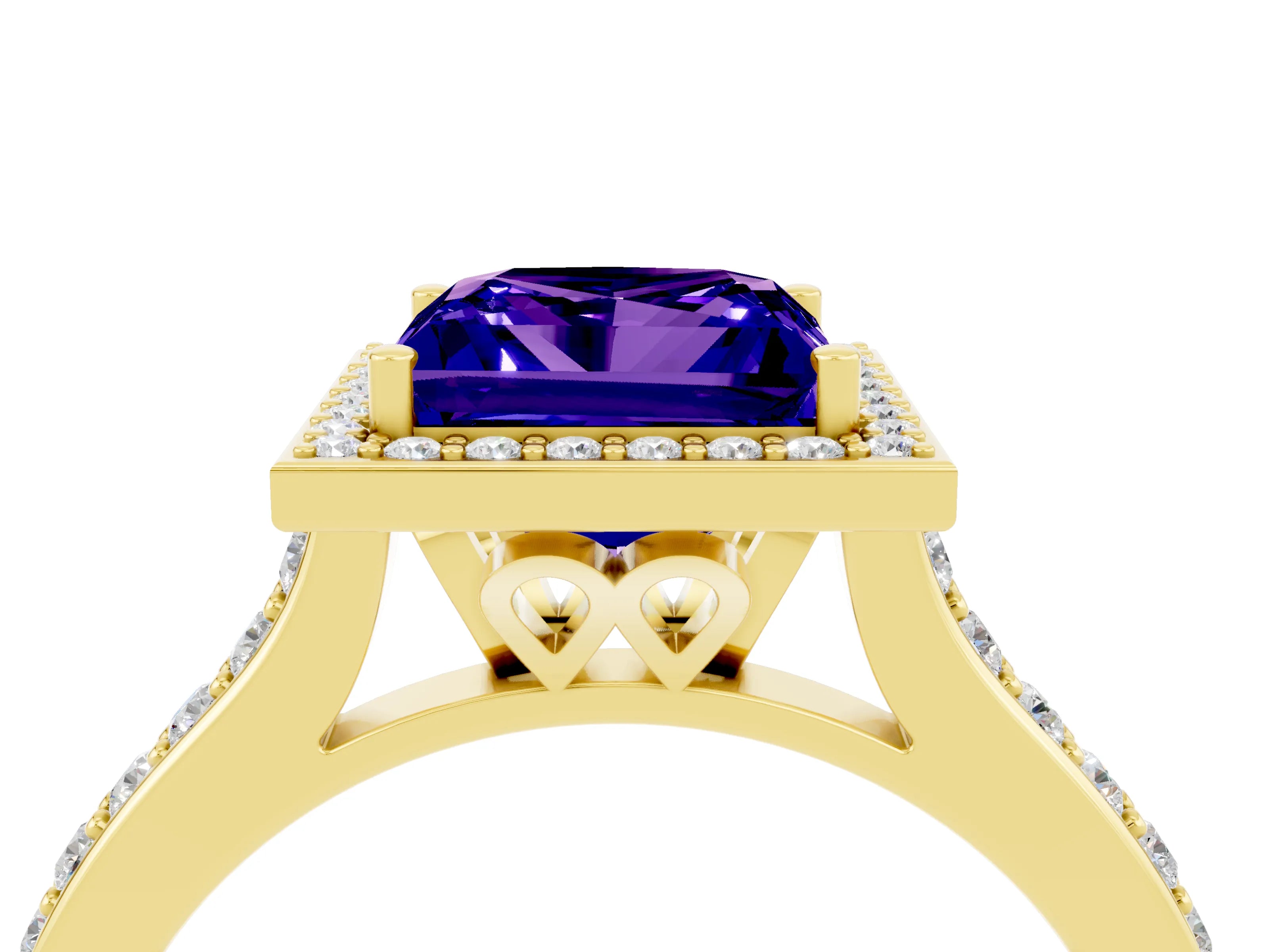 Yellow gold Princess Cut Halo Round Diamond Pavé Band with Four-Prong Setting_4