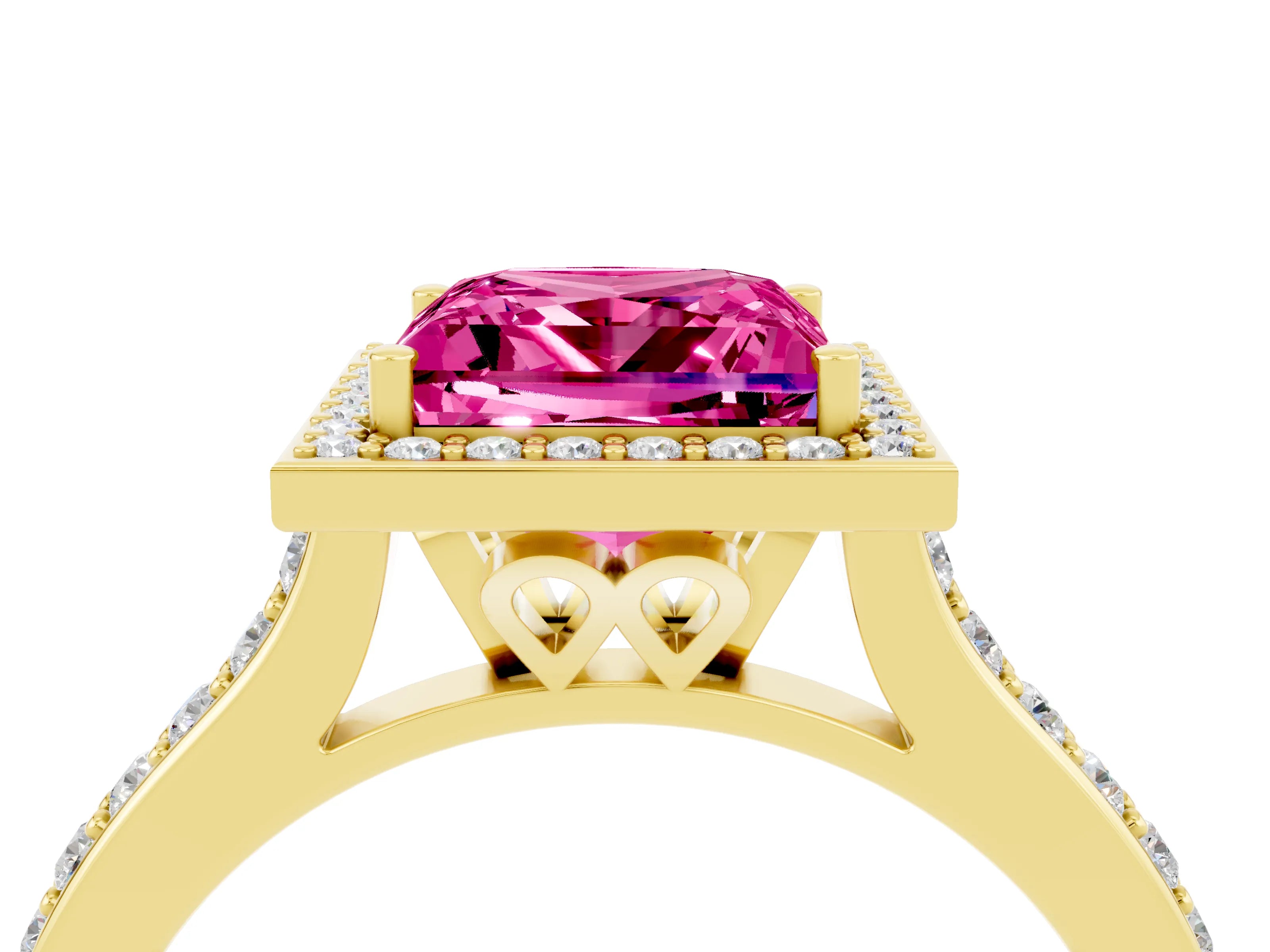 Yellow gold Princess Cut Halo Round Diamond Pavé Band with Four-Prong Setting_4