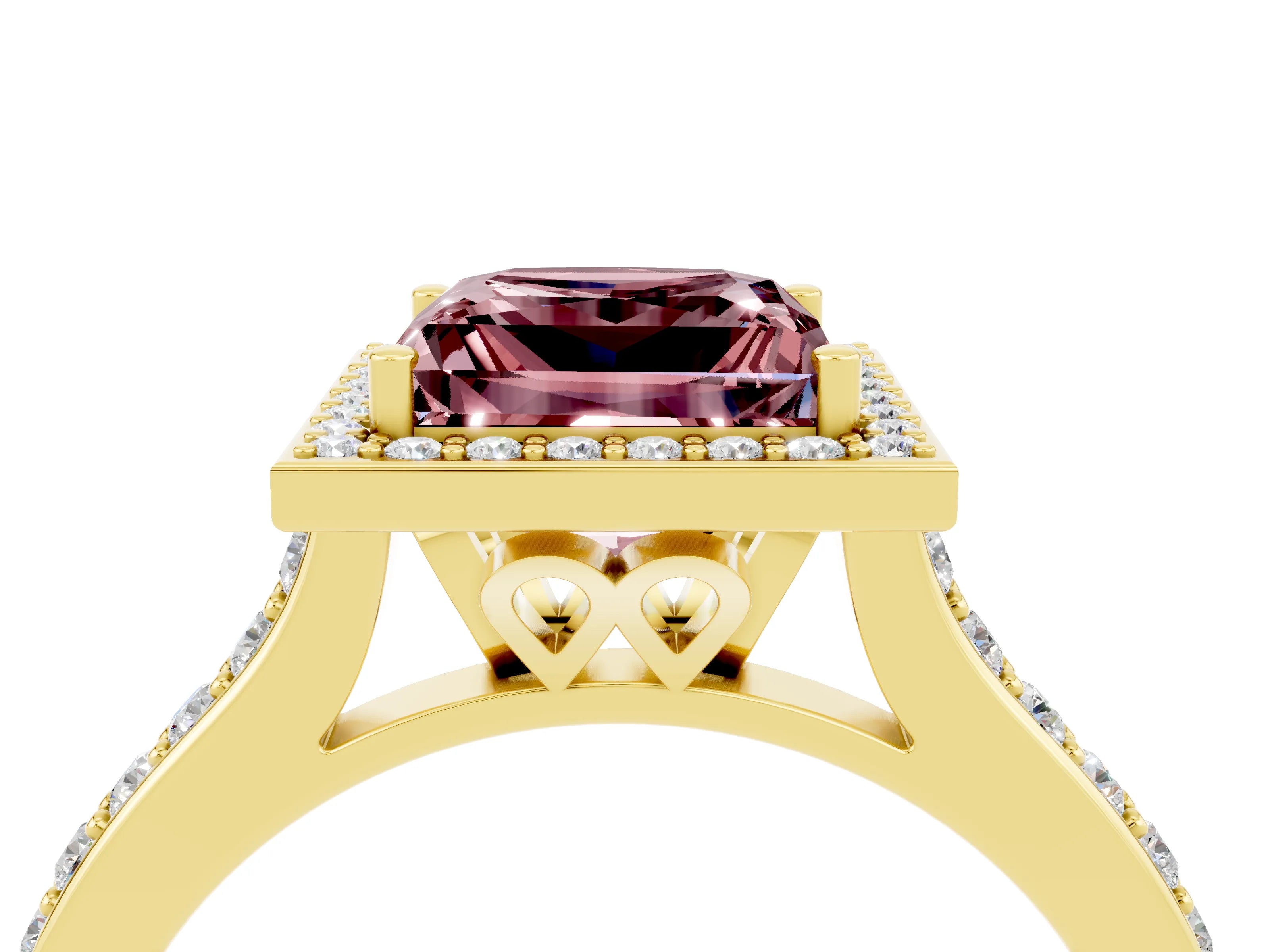 Yellow gold Princess Cut Halo Round Diamond Pavé Band with Four-Prong Setting_4