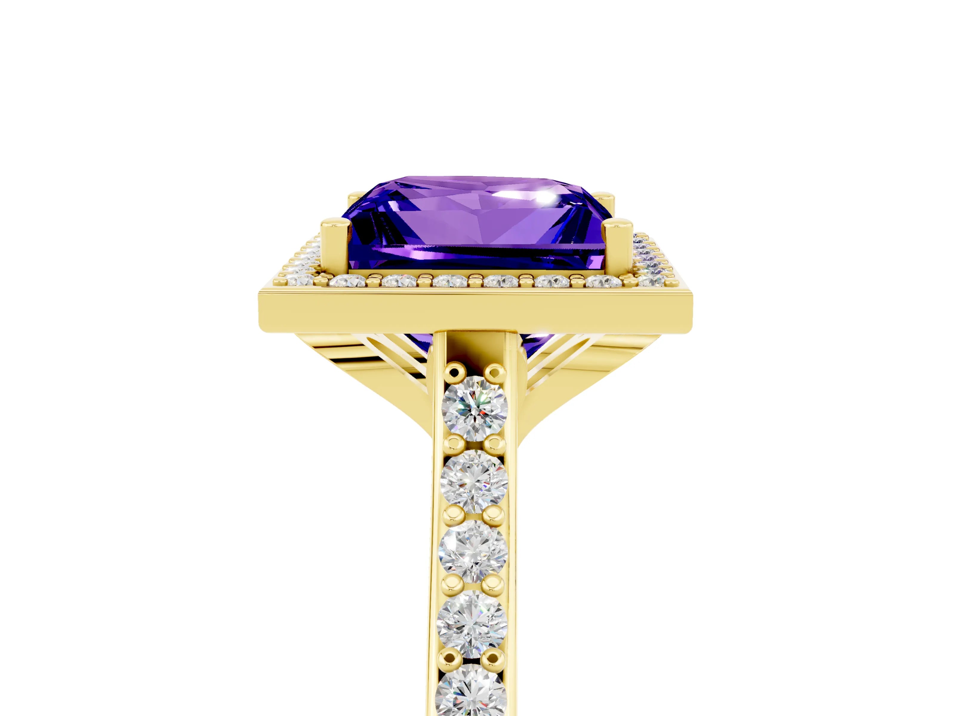 Yellow gold Princess Cut Halo Round Diamond Pavé Band with Four-Prong Setting_5