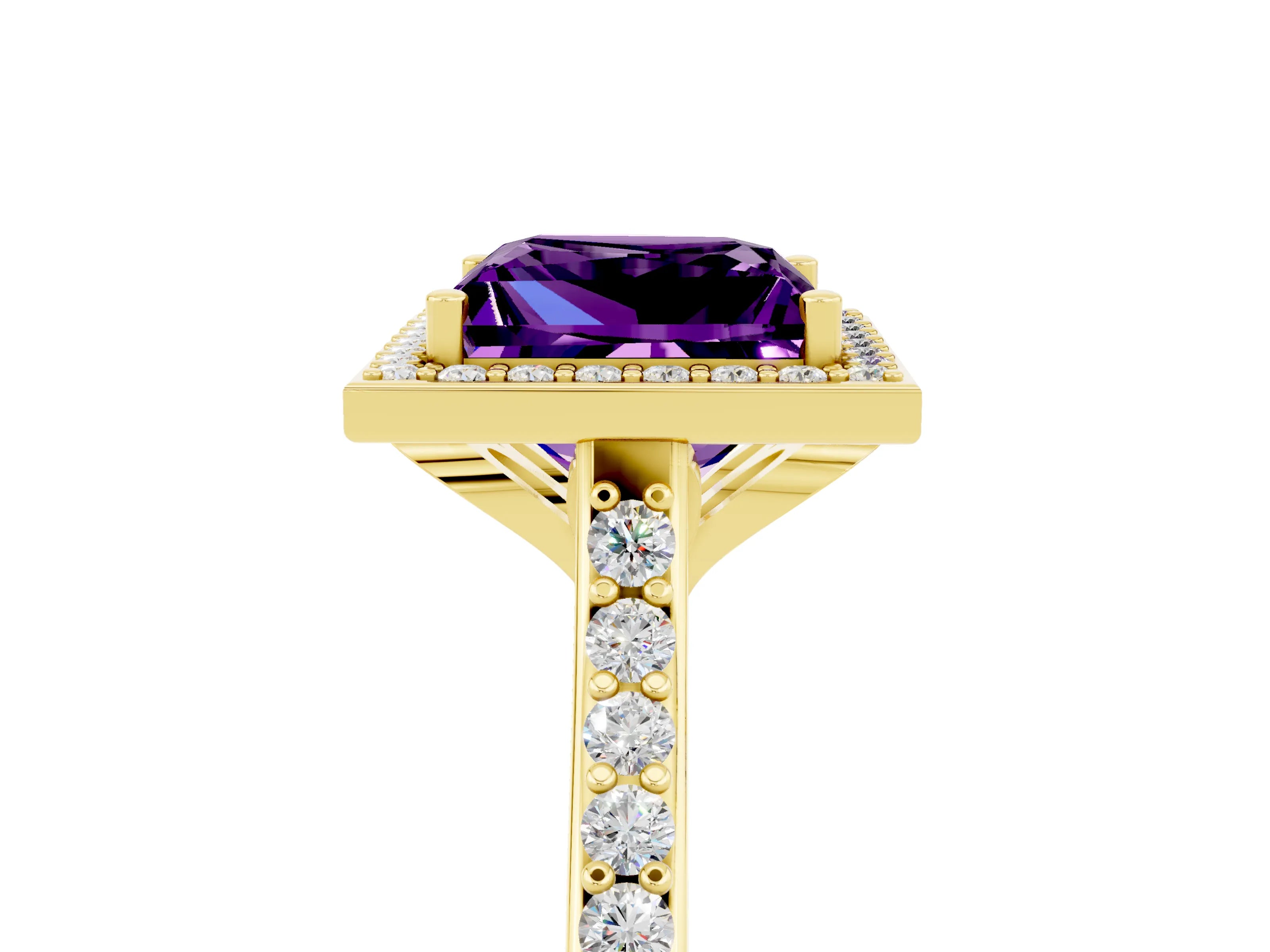 Yellow gold Princess Cut Halo Round Diamond Pavé Band with Four-Prong Setting_5