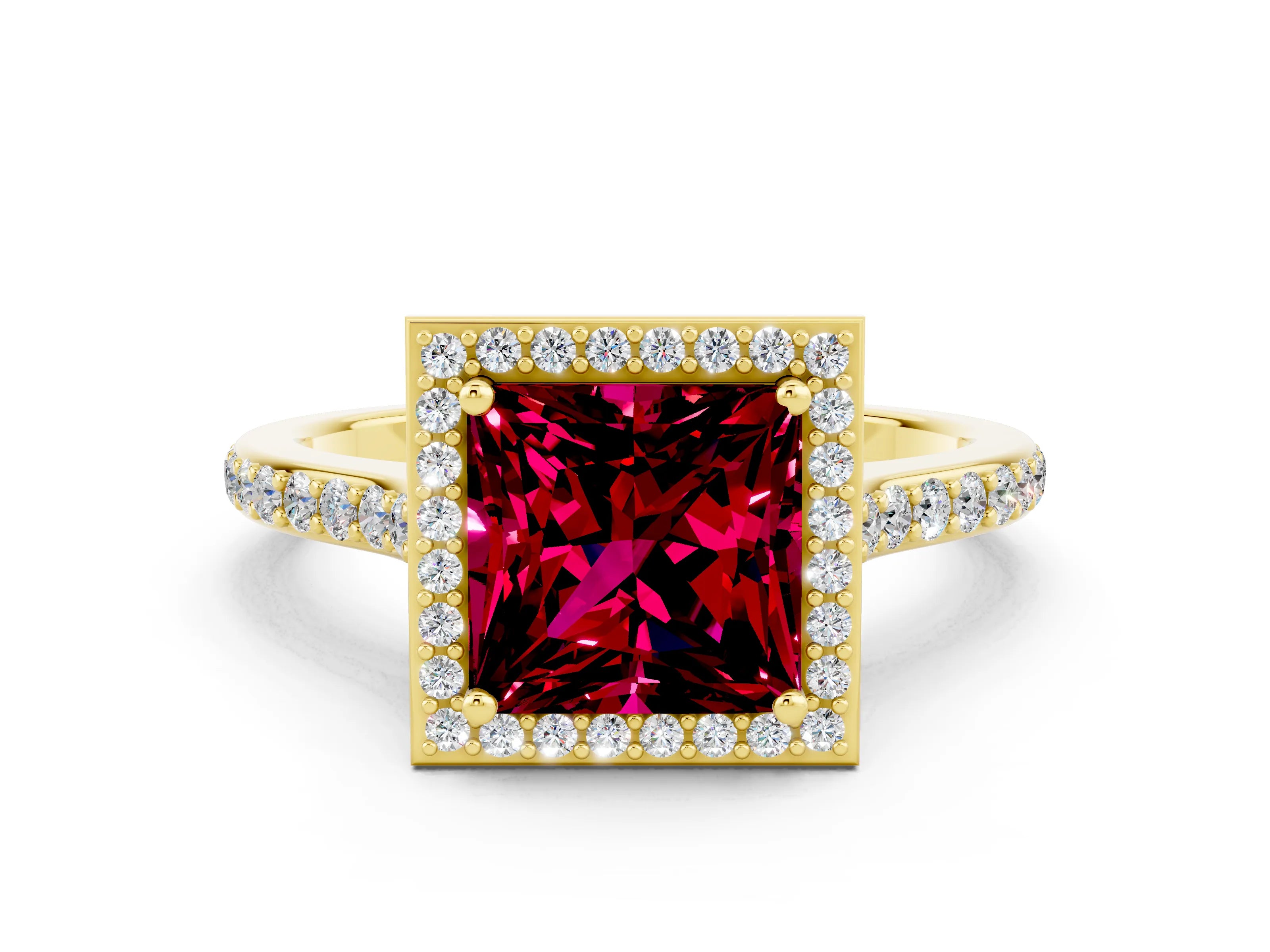 Yellow gold Princess Cut Halo Round Diamond Pavé Band with Four-Prong Setting