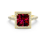 Yellow gold Princess Cut Halo Round Diamond Pavé Band with Four-Prong Setting