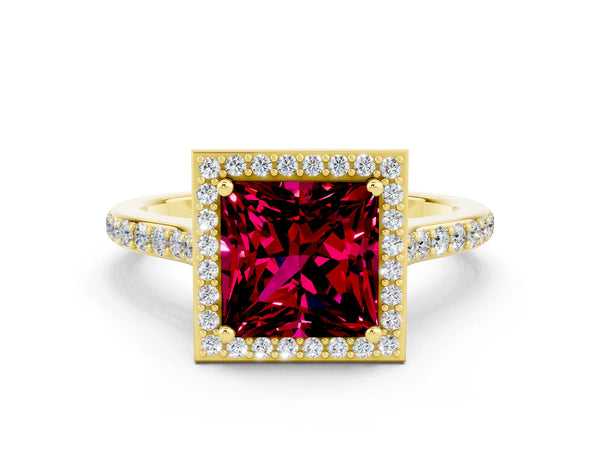 Yellow gold Princess Cut Garnet Halo Engagement Ring with Round Pavé Shoulders and Prong Setting