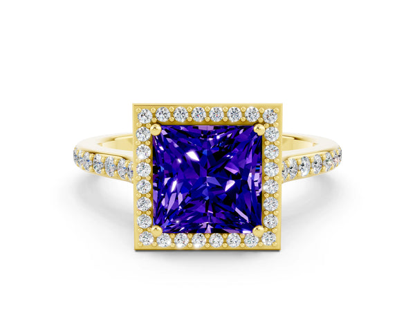 Yellow gold Princess Cut Tanzanite Halo Engagement Ring with Round Pavé Shoulders and Prong Setting