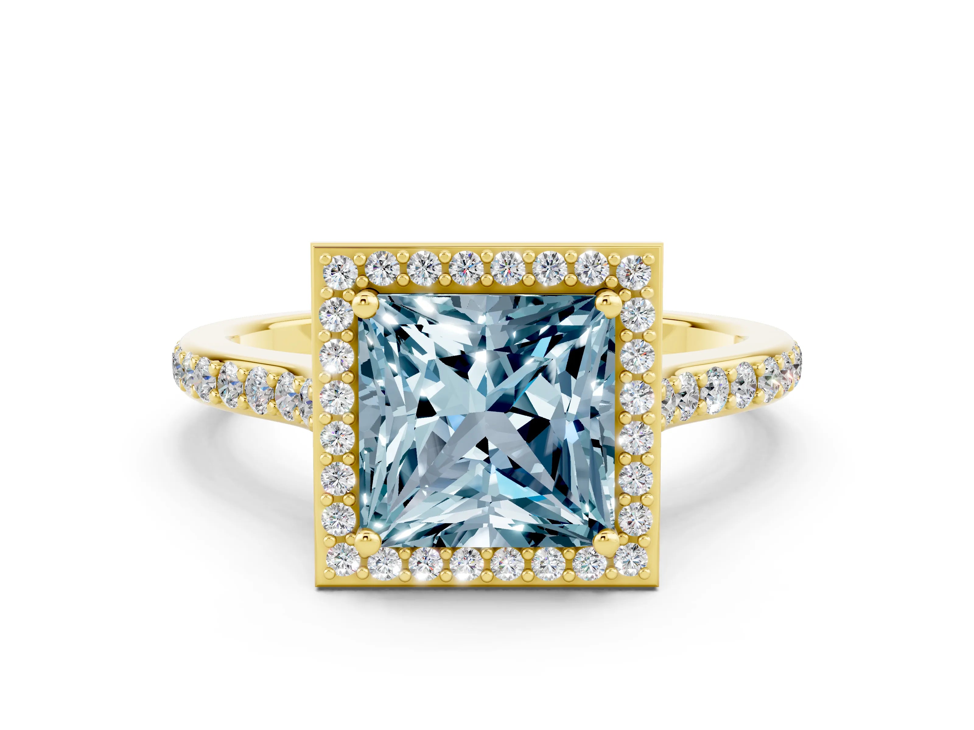 Yellow gold Princess Cut Halo Round Diamond Pavé Band with Four-Prong Setting