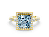 Yellow gold Princess Cut Halo Round Diamond Pavé Band with Four-Prong Setting
