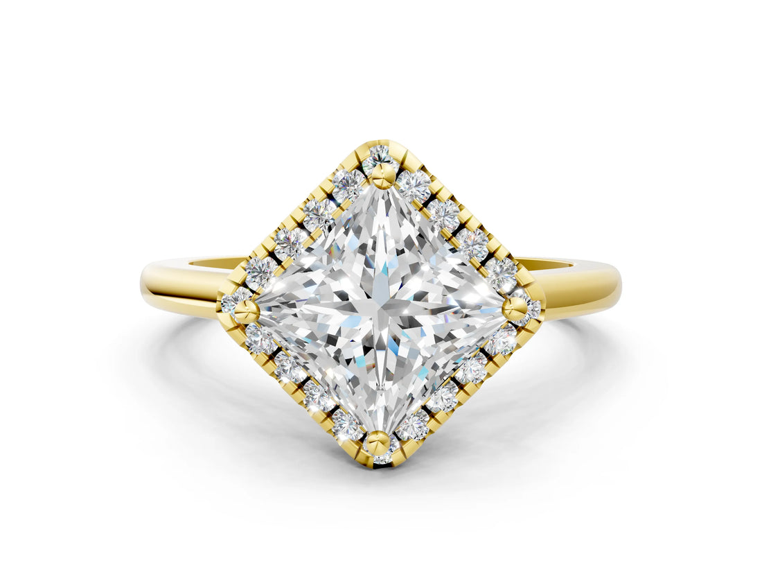 Yellow gold Princess Cut Halo Round Diamond Solitaire Engagement Ring with Pave Band and Four-Prong Setting_15