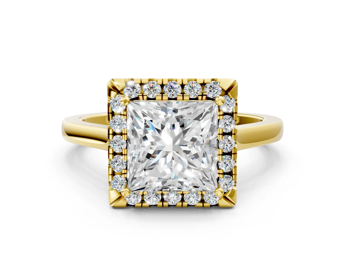 Yellow gold Princess Cut Halo Round Diamond Solitaire Ring with Pavé Band and Four-Prong Setting