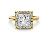 Yellow gold Princess Cut Halo Round Diamond Solitaire Ring with Pavé Band and Four-Prong Setting