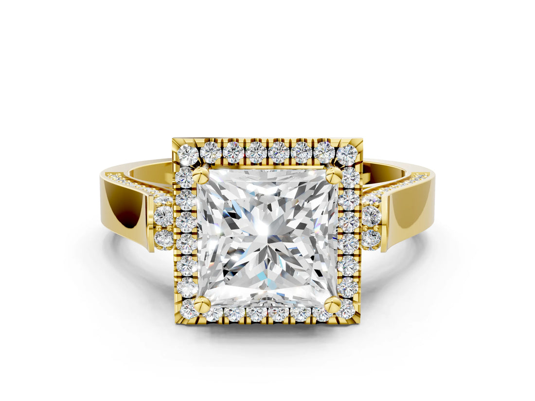 Yellow gold Princess Cut Halo Round Diamond Twist Band with Four-Prong Setting_15