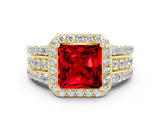 Yellow gold Princess Cut Halo Ruby Ring with Split Shank and Four-Prong Setting