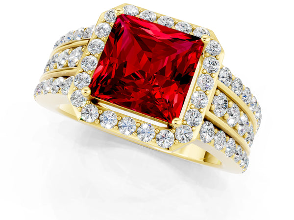 Yellow gold Princess Cut Halo Ruby Ring with Round  Split Shank and Prong Setting