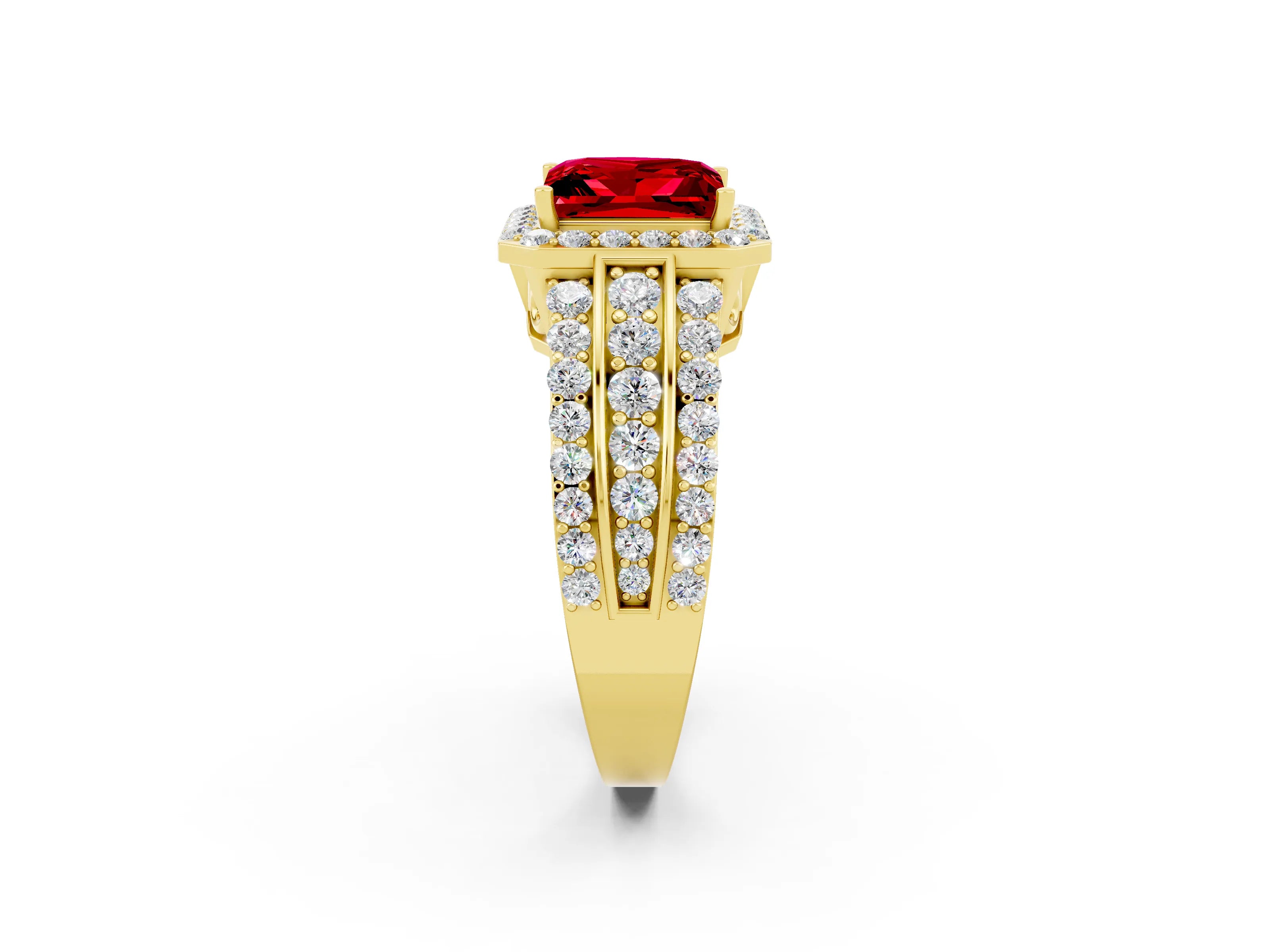 Yellow gold Princess Cut Halo Ruby Ring with Split Shank and Four-Prong Setting_2