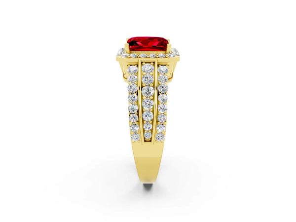 Yellow gold Princess Cut Halo Ruby Ring with Round  Split Shank and Prong Setting