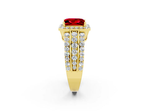 Yellow gold Princess Cut Halo Ruby Ring with Split Shank and Four-Prong Setting_2