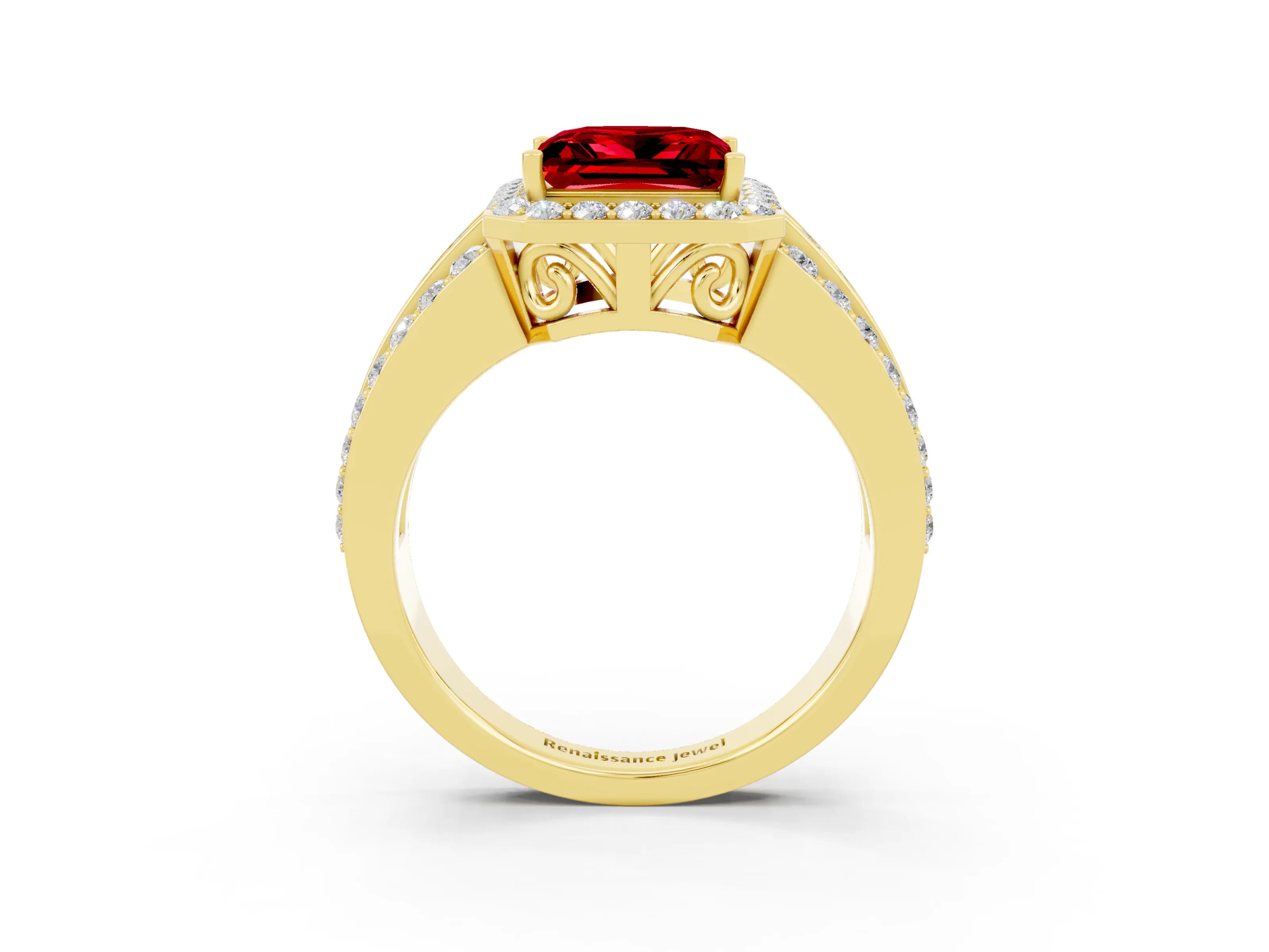 Yellow gold Princess Cut Halo Ruby Ring with Split Shank and Four-Prong Setting_3