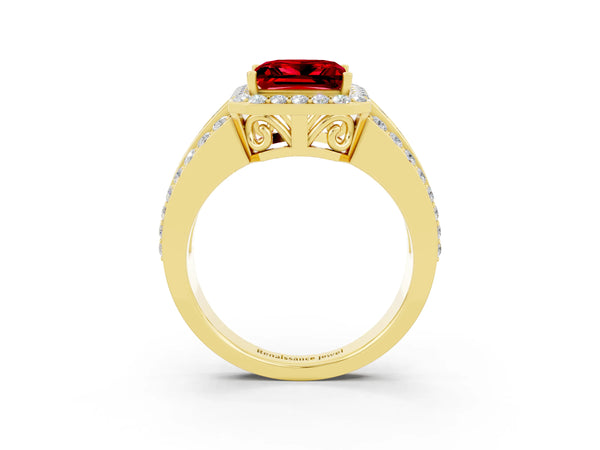Yellow gold Princess Cut Halo Ruby Ring with Round  Split Shank and Prong Setting