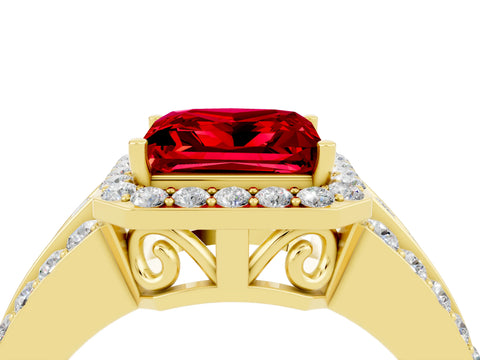 Yellow gold Princess Cut Halo Ruby Ring with Split Shank and Four-Prong Setting_4
