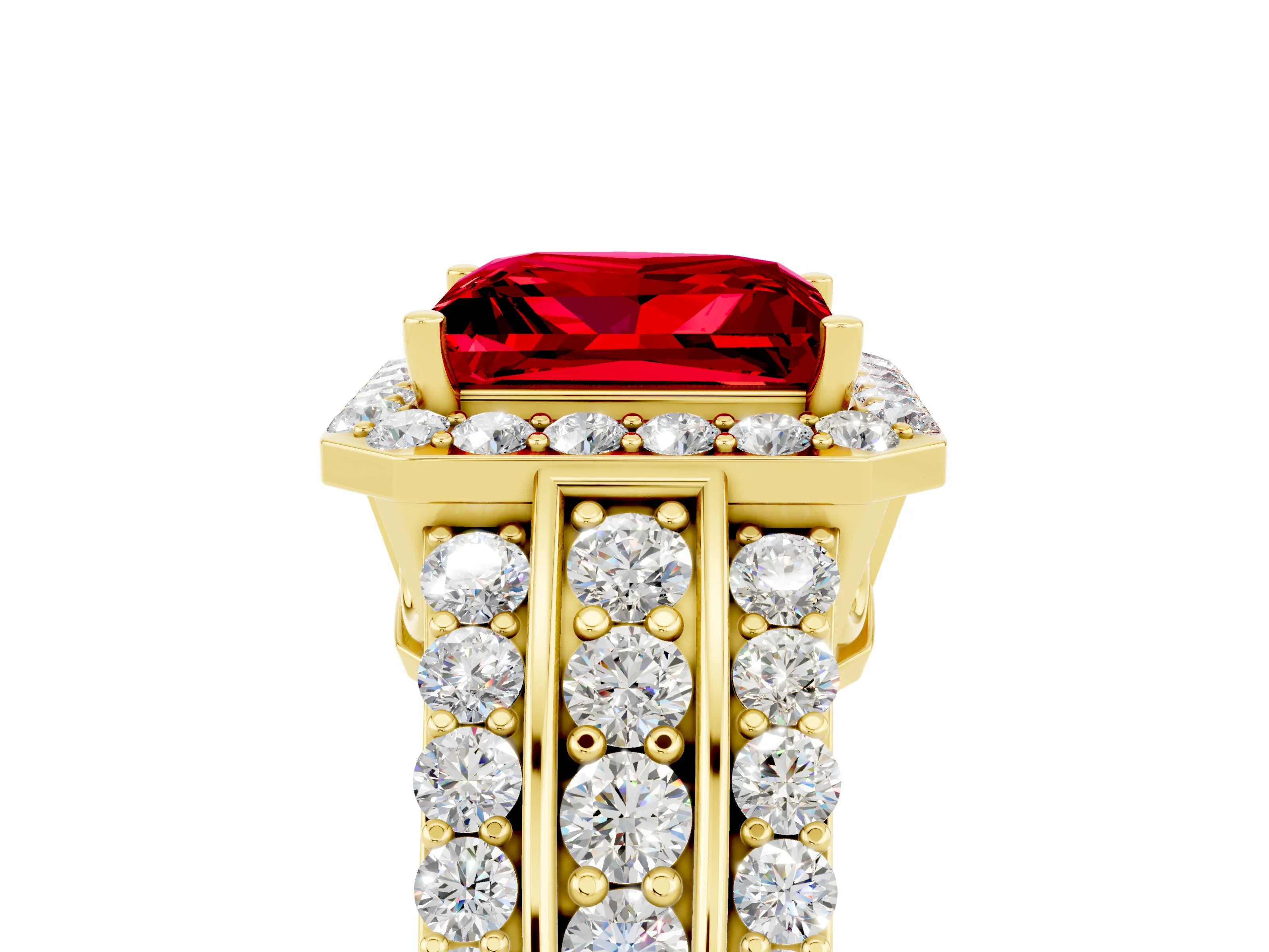 Yellow gold Princess Cut Halo Ruby Ring with Split Shank and Four-Prong Setting_5