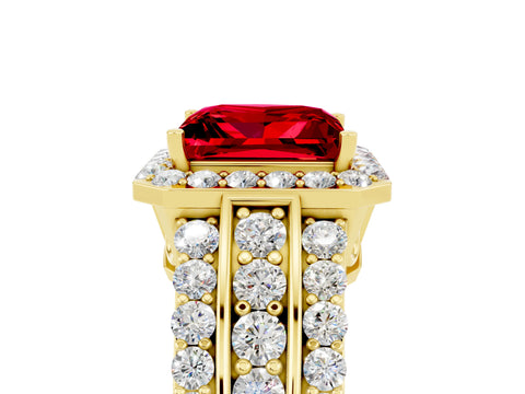 Yellow gold Princess Cut Halo Ruby Ring with Split Shank and Four-Prong Setting_5
