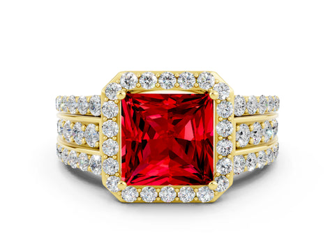 Yellow gold Princess Cut Halo Ruby Ring with Split Shank and Four-Prong Setting