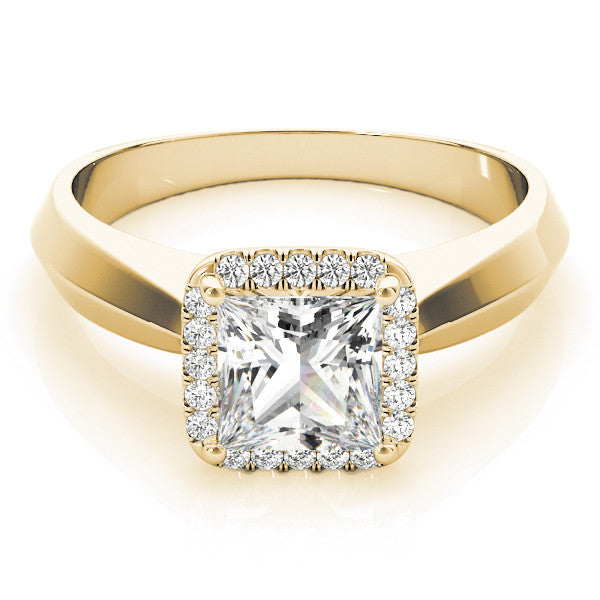Yellow gold Princess Cut Halo Solitaire Engagement Ring with Square Band and Four-Prong Setting 1